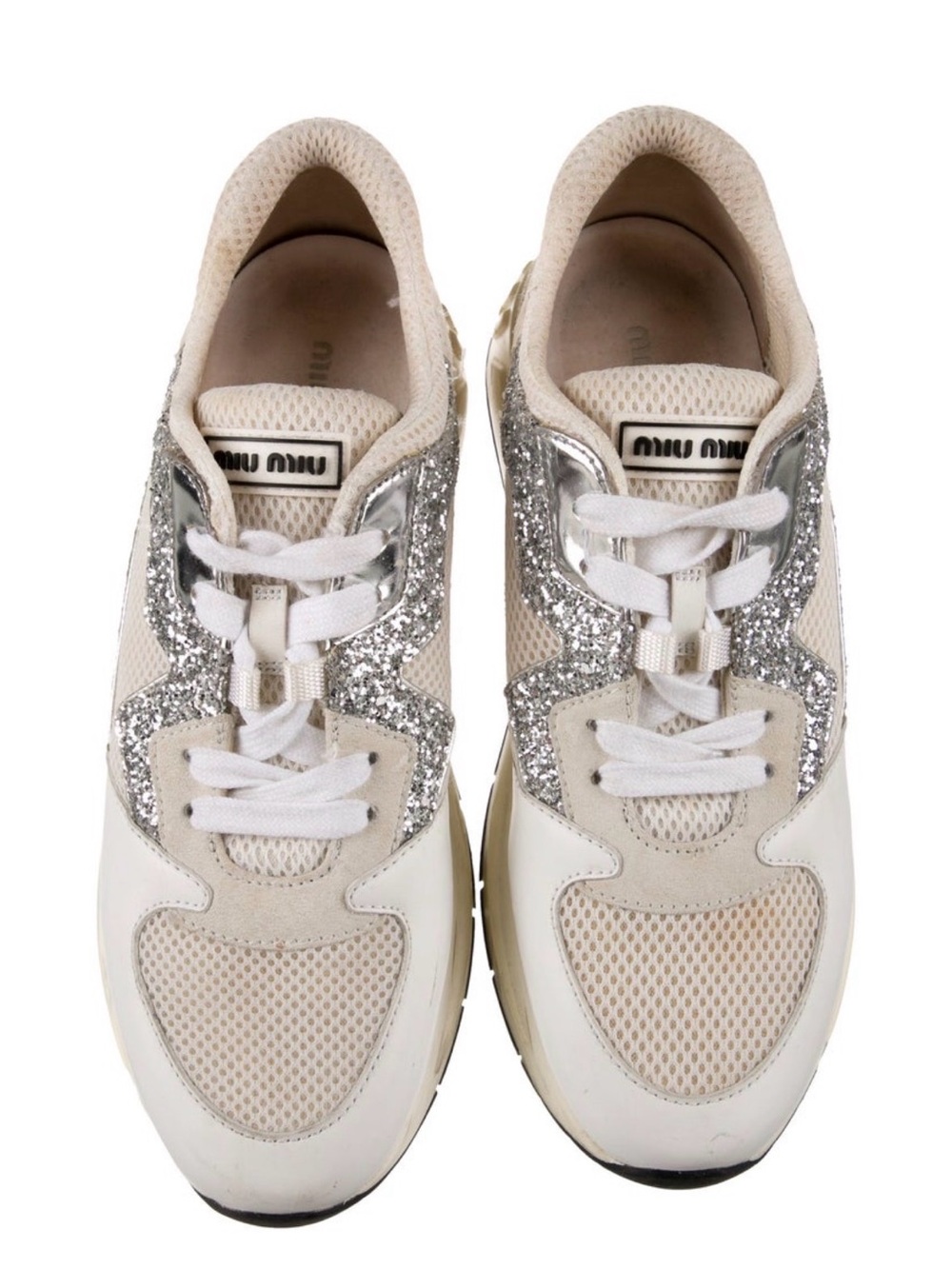 Miu Miu Beige Mesh & Silver Glitter Low-Top Sneaker